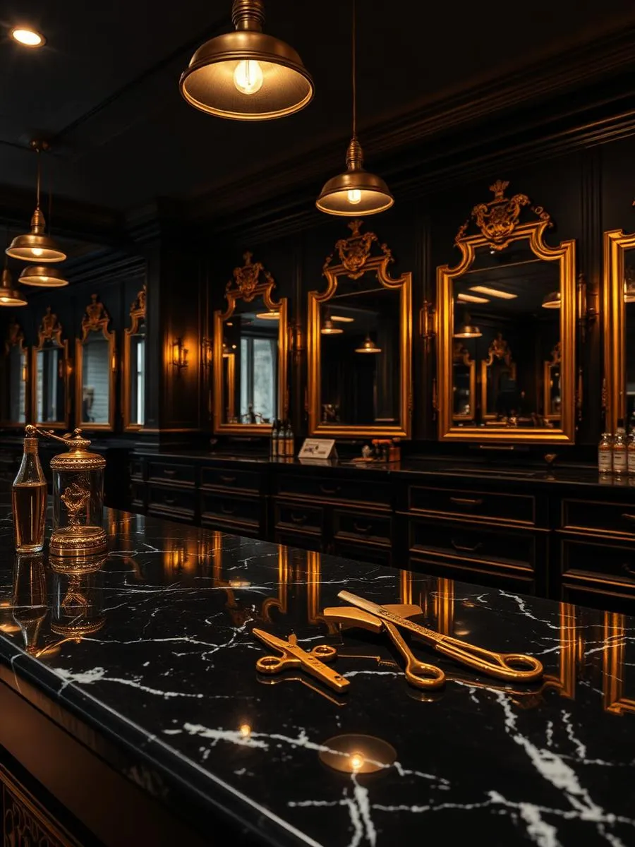 Interior de la barbería con mármol negro y espejos dorados
