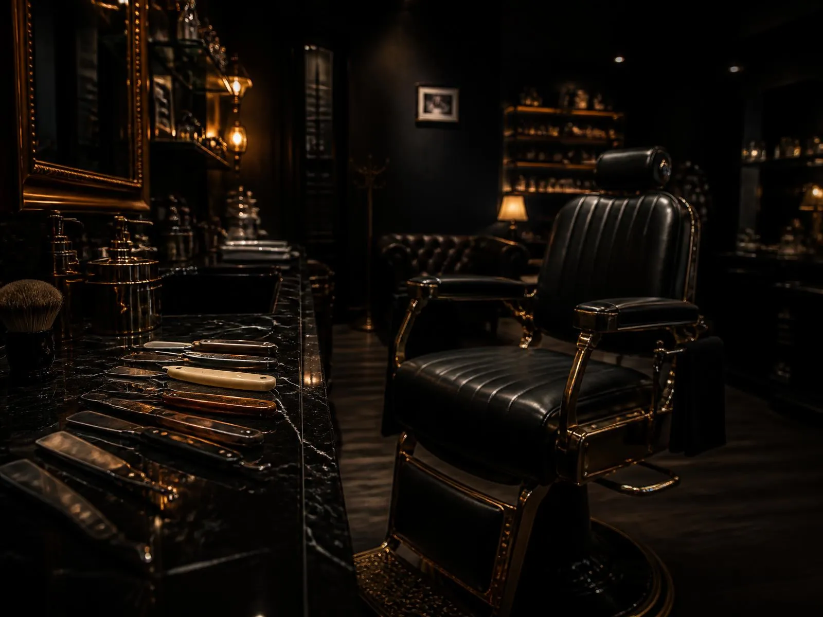 Interior de barbería de lujo con sillón de cuero negro y detalles dorados